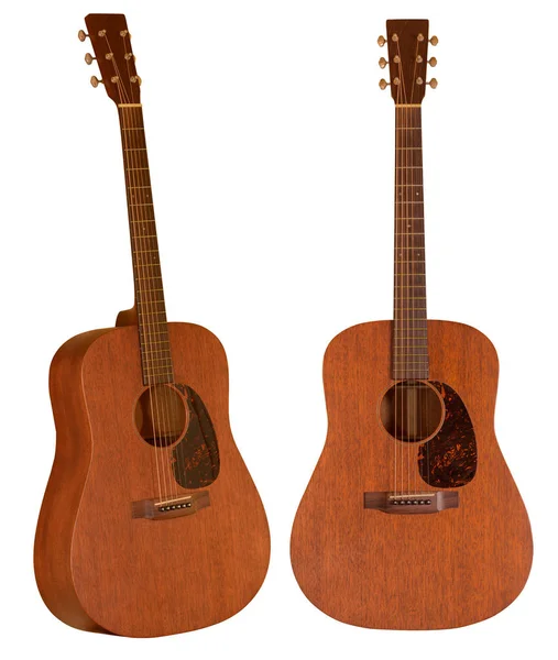 Gitar akustik coklat yang dibuat oleh kayu Mahogany pada latar belakang putih — Stok Foto