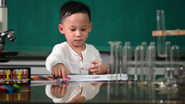 Schattig Kind Aziatische Jongen Doet Huiswerk Slimme Jongen Die Tekent — Stockvideo