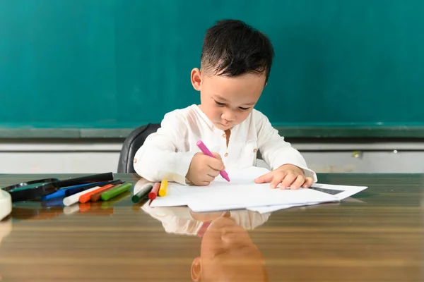 Cute child Asian boy doing homework. Clever kid drawing at desk. Schoolboy. Elementary school student drawing at workplace. Kid enjoy learning. Home schooling. Back to school. Little boy at school lesson