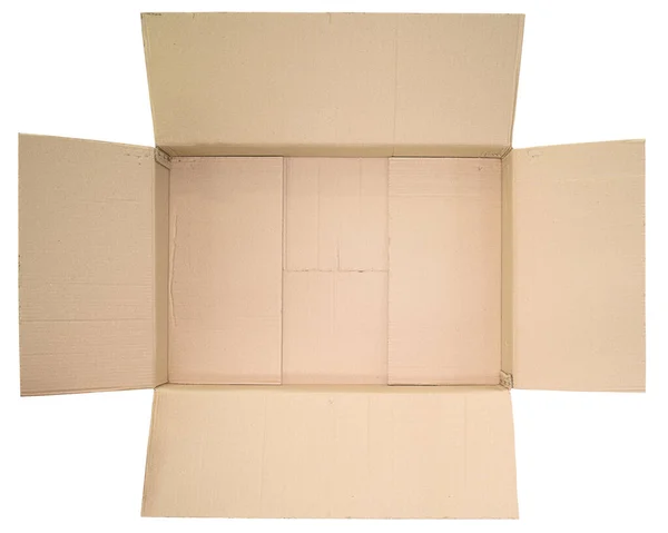 白い背景に隔離された空の茶色の大きな箱の開いた蓋のビューを閉じます — ストック写真