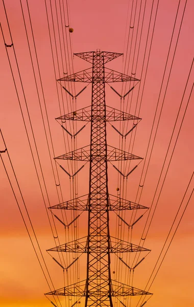 Landscape View Electricity Pylon City Silhouetted Sunset — Stock Photo, Image