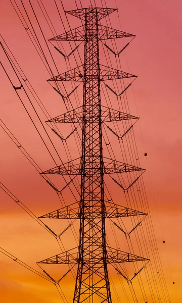 Landscape View Electricity Pylon City Silhouetted Sunset — Stock Photo, Image