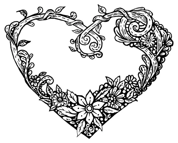 Καρδιά σε ξύλινο πλαίσιο με σχέδιο λουλούδια — Διανυσματικό Αρχείο