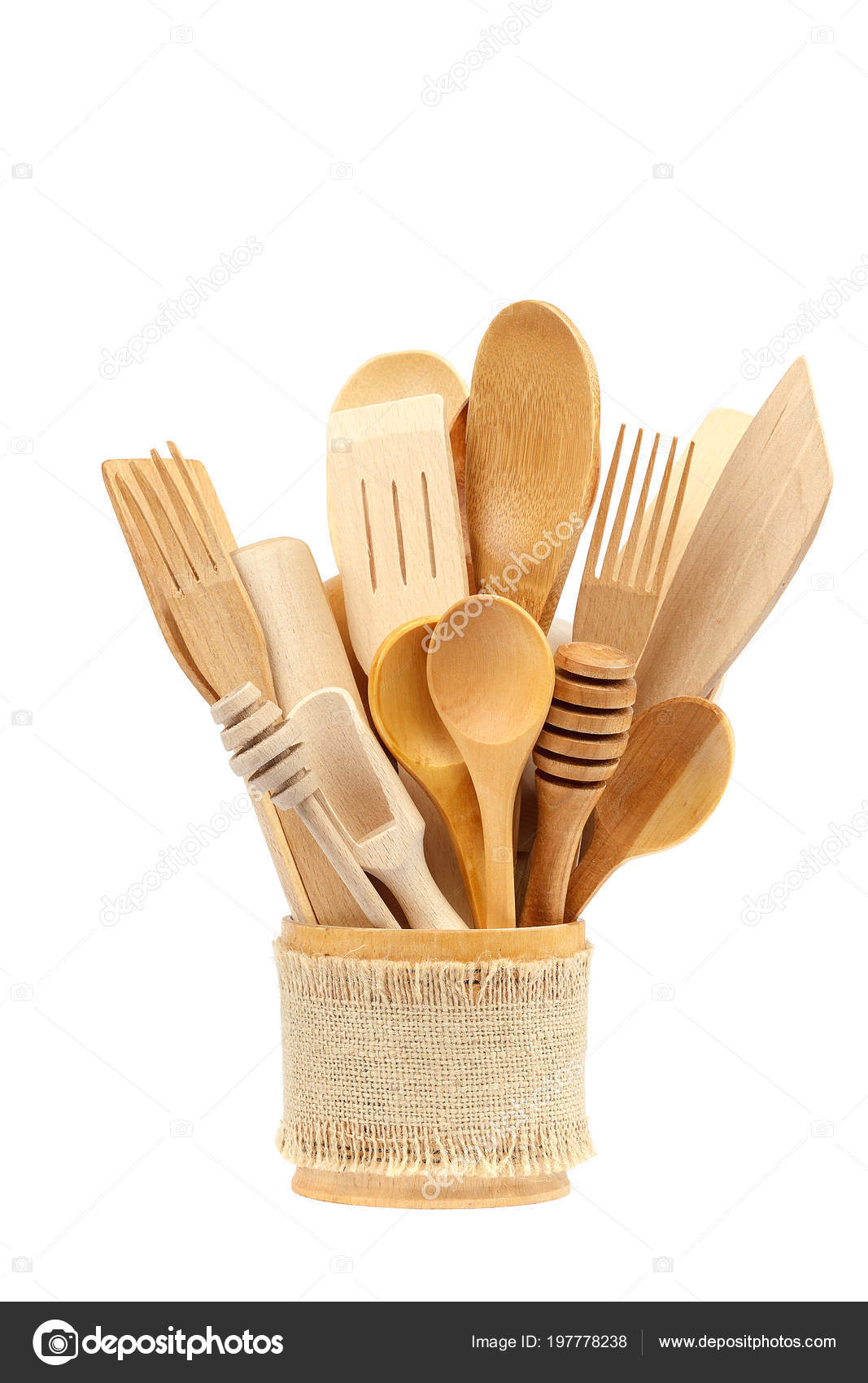 Ustensiles Cuisine Bois Isolés Sur Fond Blanc Photographie
