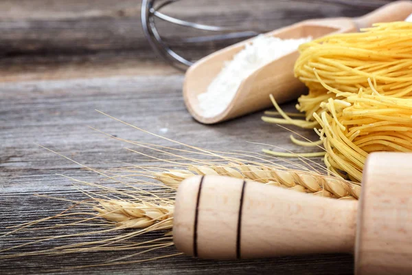 Pasta Vermicelli Eggs Kitchen Accessories Wooden Background — Stock Photo, Image