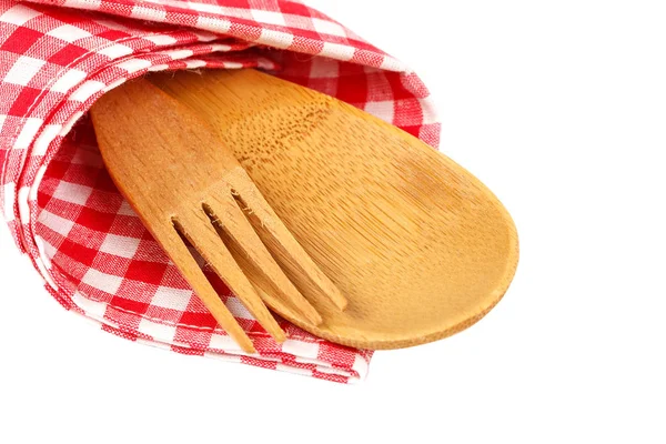 Wooden Spoon Fork Tissue Napkin Isolated White Background — Stock Photo, Image