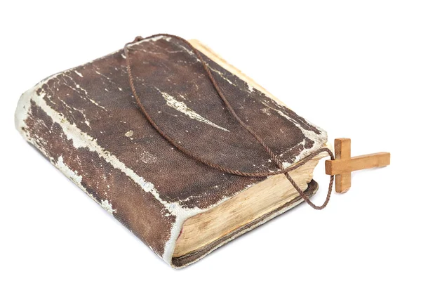 Antico Libro Sacro Una Croce Legno Una Corda Isolata Uno — Foto Stock
