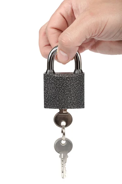 Asma Kilit Anahtarları Elinde Beyaz Arka Plan Üzerinde Izole — Stok fotoğraf