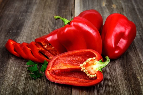 Slices Red Bell Pepper Wooden Background — Stock Photo, Image