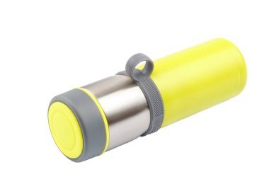 Beyaz arka plan üzerinde izole şık cam termos.