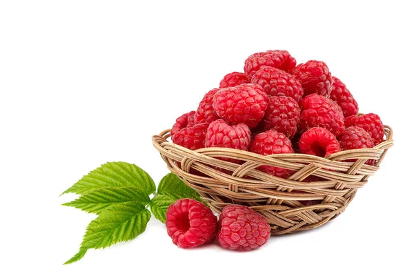 Fruits Raspberries Wicker Bowl Isolated White Background — Stock Photo, Image