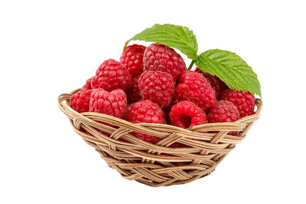 Fruits Raspberries Wicker Bowl Isolated White Background — Stock Photo, Image