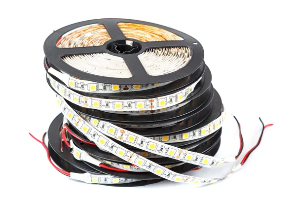 Bobine Con Nastri Lampade Led Isolate Sfondo Bianco — Foto Stock