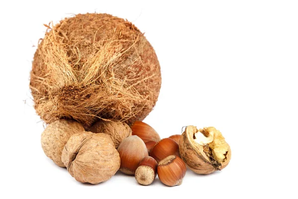 Vlašských Ořechů Lískových Oříšků Kokosu Izolovaných Bílém Pozadí — Stock fotografie