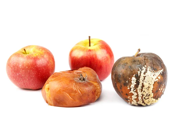 Früchte Eines Apfels Und Pfirsich Mit Fäulnis Isoliert Auf Weißem — Stockfoto