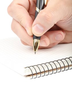 Elinde kalem ve defter beyaz arka plan üzerinde izole.
