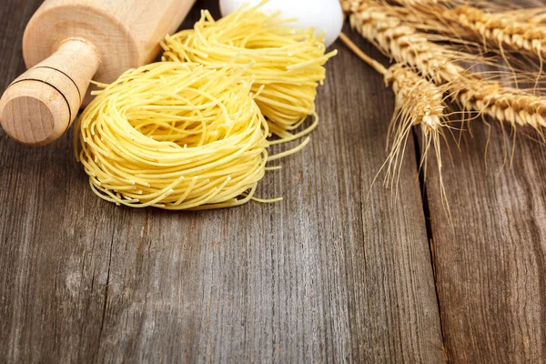Pasta Vermicelli Eggs Kitchen Accessories Wooden Background — Stock Photo, Image