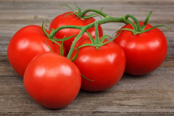 Ramo Tomate Vermelho Fresco Contexto Madeira — Fotografia de Stock