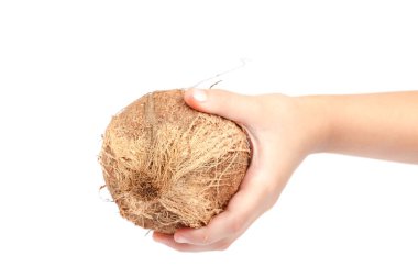 Beyaz arka plan üzerinde izole elinde Hindistan cevizi.