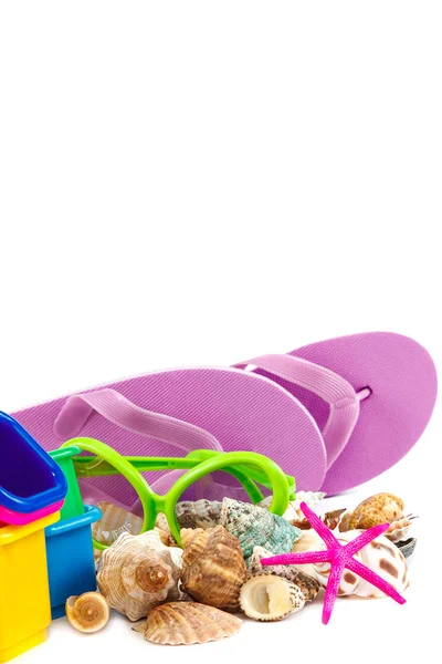 Flip Flops Molds Playing Sand Sea Shells Sun Glasses Binoculars — Stock Photo, Image