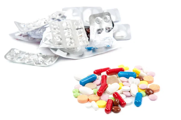 Pillole Capsule Blister Isolati Fondo Bianco Medicamenti — Foto Stock