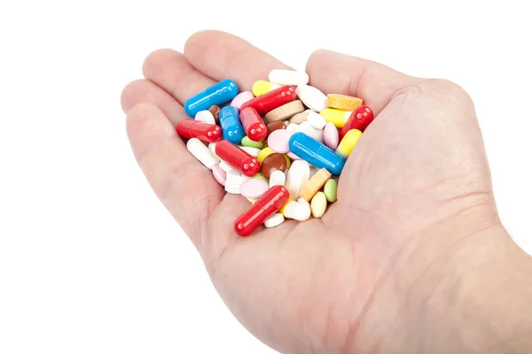 Tabletter Kapslar Handen Isolerade Vit Bakgrund Läkemedel — Stockfoto
