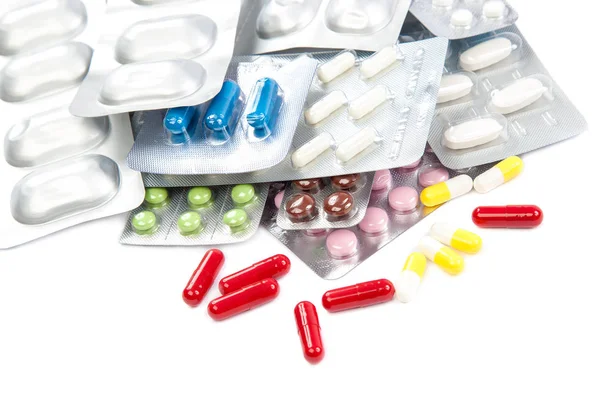 Pillen Blisterverpakkingen Geïsoleerd Witte Achtergrond — Stockfoto