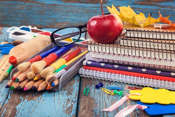 School Office Supplies Wooden Background — Stock Photo, Image