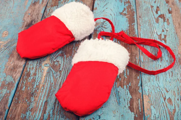 Winter Christmas Red Mittens Blue Wooden Boards — Stock Photo, Image