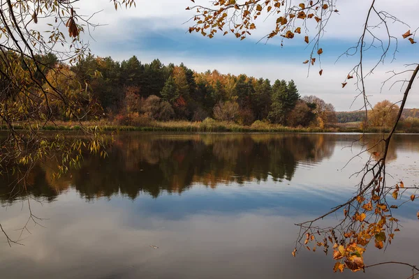 秋天森林和河反对蓝天 — 图库照片