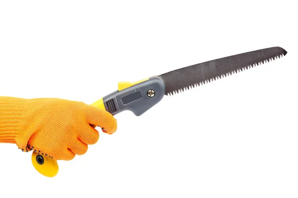 Folding Garden Saw Hand Glove Isolated White Background — Stock Photo, Image