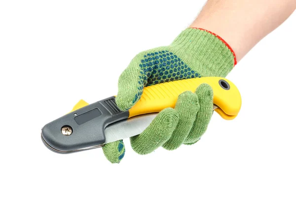 Vouwen Tuin Zag Hand Met Handschoen Geïsoleerd Witte Achtergrond — Stockfoto