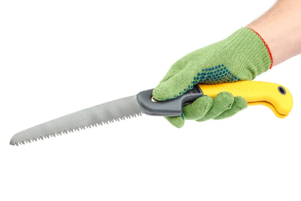 Vouwen Tuin Zag Hand Met Handschoen Geïsoleerd Witte Achtergrond — Stockfoto