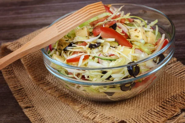 Fresh Vegetables Vegetable Salad Dishes Wooden Background — Stock Photo, Image