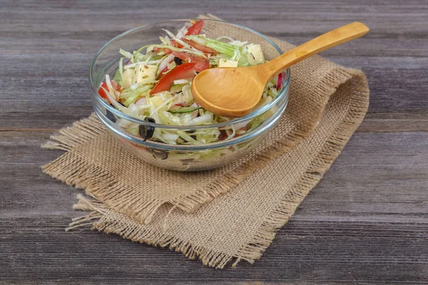 Fresh Vegetables Vegetable Salad Dishes Wooden Background — Stock Photo, Image