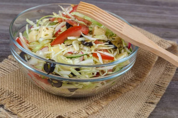 Fresh Vegetables Vegetable Salad Dishes Wooden Background Stock Image