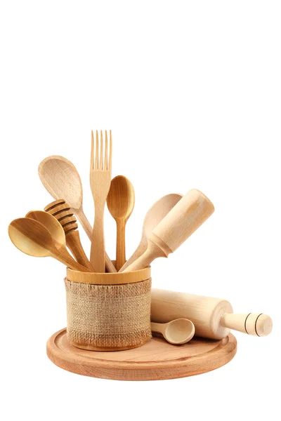 Wooden kitchen utensils isolated on white background — Stock Photo, Image