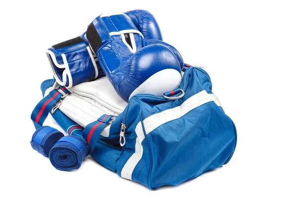 Sports Bag Boxing Gloves Bandages Isolated White Background — Stock Photo, Image