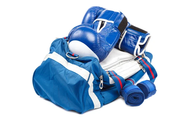 Sports bag and boxing gloves with bandages — Stock Photo, Image