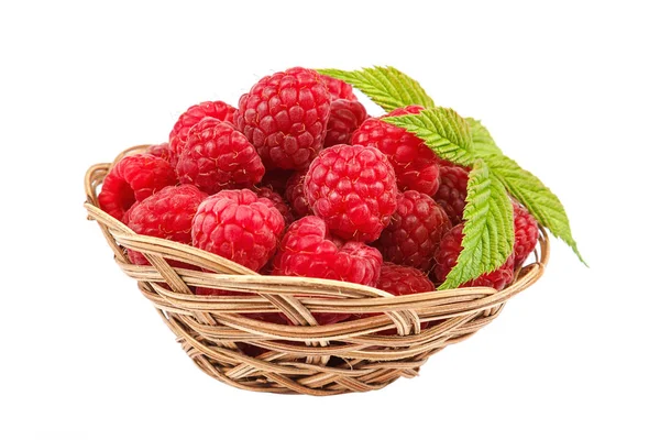 Fruits raspberries wicker bowl on white background — Stock Photo, Image