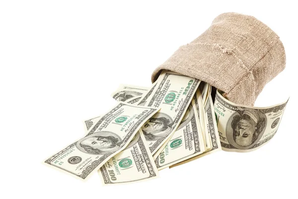 Banknotlar para dolarları beyaz arka planda çanta. — Stok fotoğraf