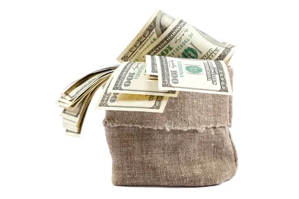 Billetes de dinero dólares en la bolsa sobre fondo blanco . —  Fotos de Stock