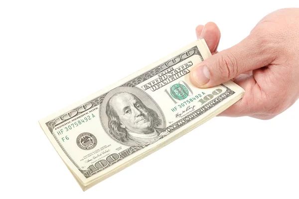 Beyaz arka planda izole edilmiş ellerdeki dolar banknotları — Stok fotoğraf