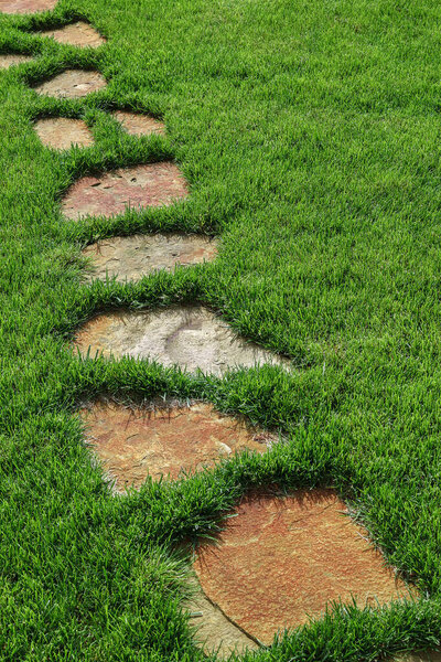 Stone path in the a infield grass.