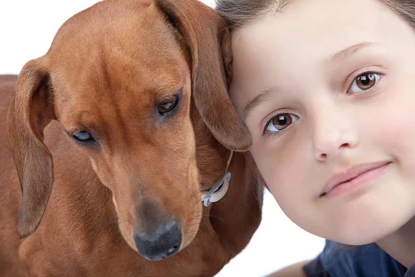 Menina e cão dachshund isolado no fundo branco — Fotografia de Stock