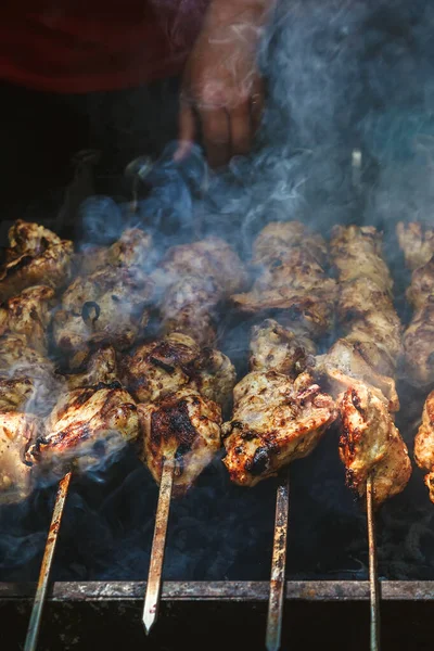 Barbecue. Pieces of meat cooked on the coals of a bonfire with s — Stock Photo, Image