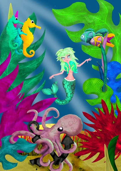 Rendered Mermaid Cartoon Character Underwater World — Stock Photo, Image