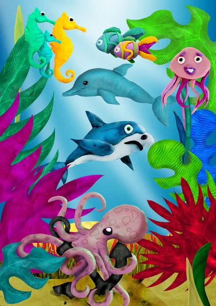 Rendered Children Illustration Underwater World Sea Animals — Stock Photo, Image