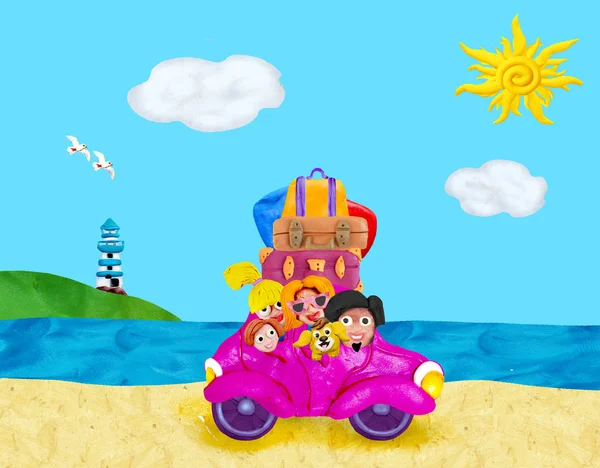 Familienausflug Mit Dem Retro Auto Zum Meer Mit Leuchtturm Hintergrund — Stockfoto