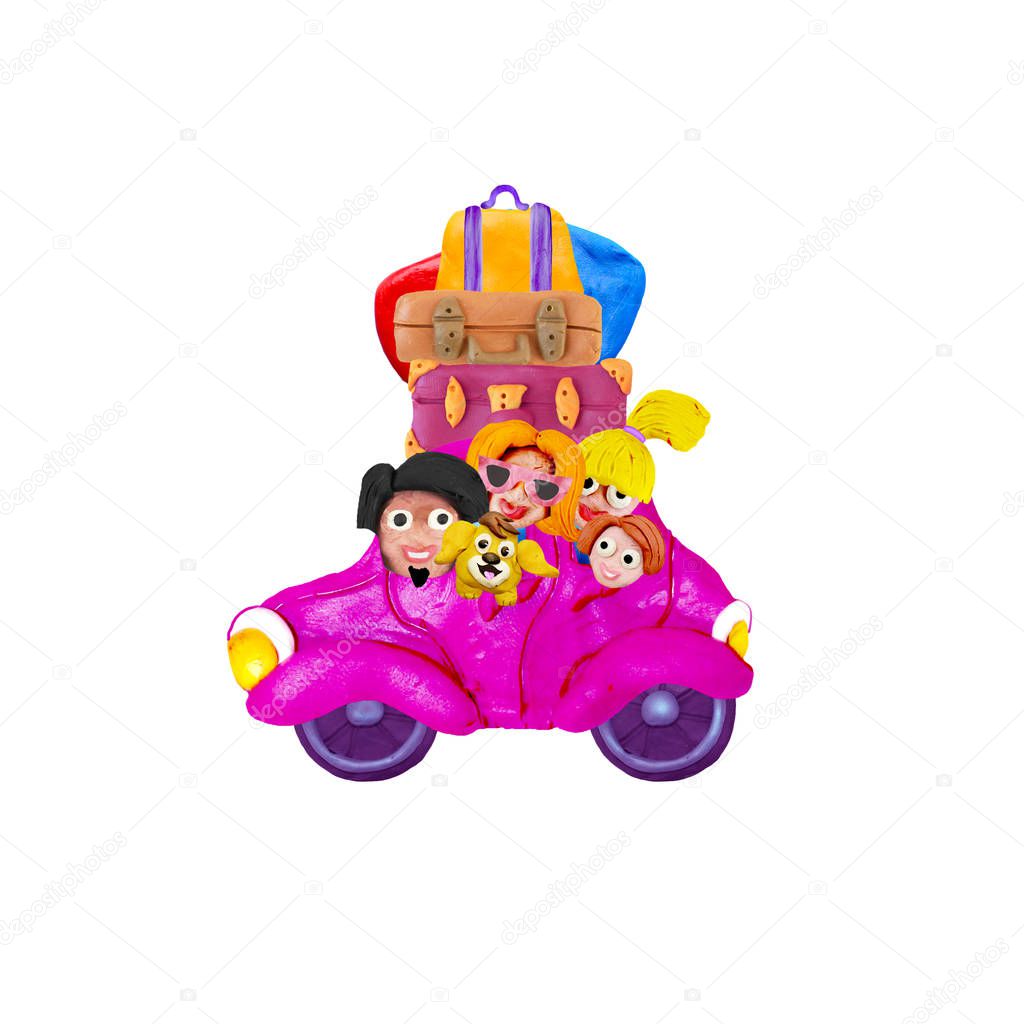 Family trip by retro car 3D illustration isolated on white background